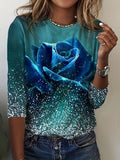 hoombox Rose Print Crew Neck T-Shirt, Casual Long Sleeve Top For Spring & Fall, Women's Clothing