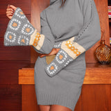 Hippie Patchwork Turtleneck Knitted Sweater Dress, Casual Flared Cuff Long Sleeve Dress, Women's Clothing