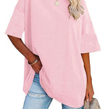 hoombox Oversized Solid Short Sleeve T-Shirt, Casual Crew Neck T-shirt, Casual Every Day Tops, Women's Clothing
