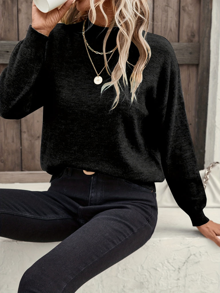 Solid Mock Neck Pullover Sweater, Casual Long Sleeve Sweater, Women's Clothing
