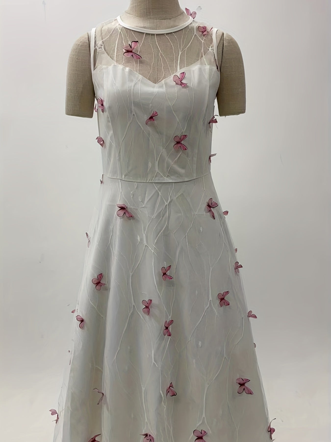 Embroidery Mesh Floral Print Dress, Vintage Sleeveless Ruffle Hem Maxi Dress, Women's Clothing
