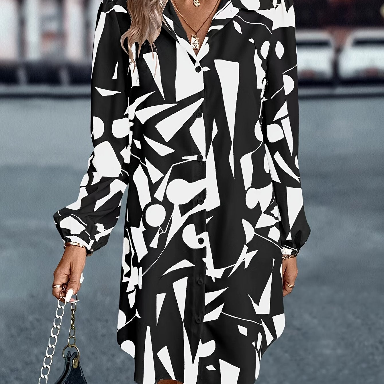 Graphic Print Button Front Dress, Casual Long Sleeve Lapel Dress, Women's Clothing
