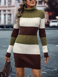 Color Block Striped Sweater Dress, Casual Turtleneck Long Sleeve Dress, Women's Clothing