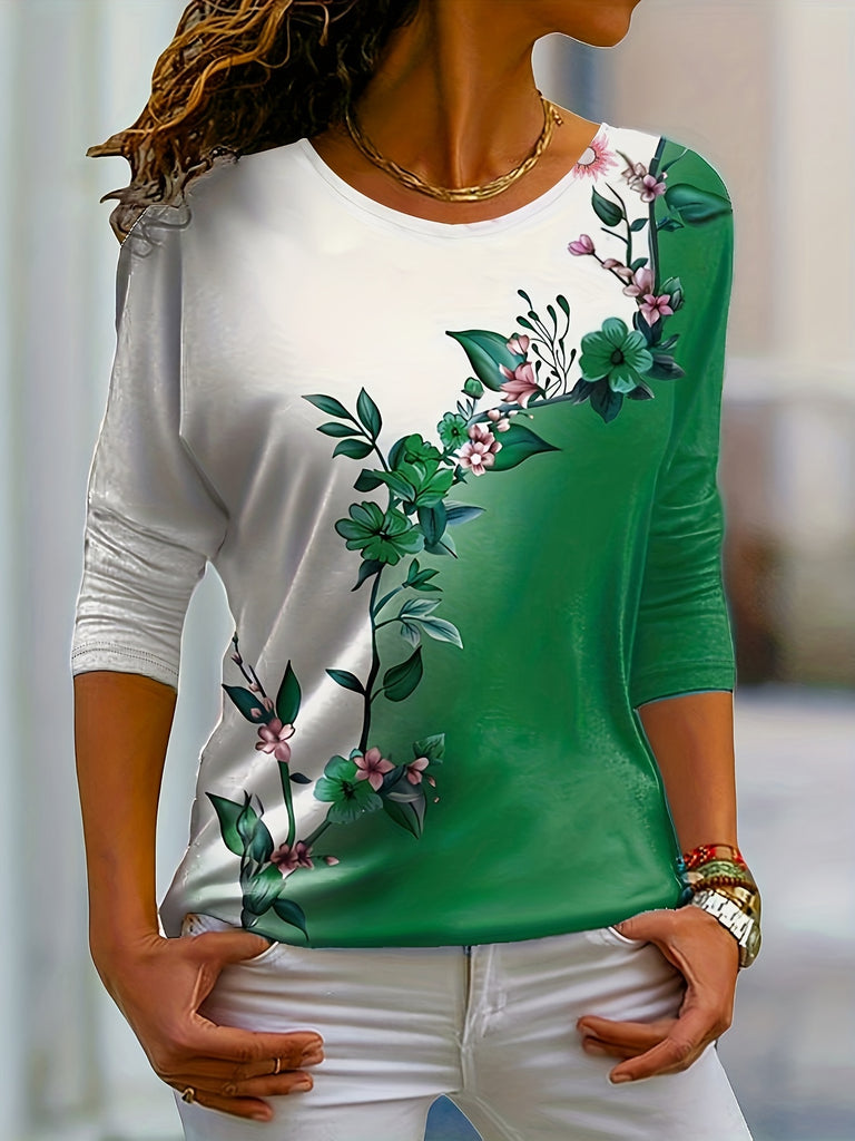 hoombox Floral Print Colorblock Crew Neck T-Shirt, Casual Long Sleeve Top For Spring & Fall, Women's Clothing