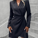 Solid Bodycon Mini Dress, Elegant Contrast Collar Long Sleeve Dress, Women's Clothing