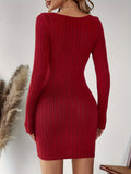 hoombox Solid Ribbed Bodycon Dress, Party Wear V Neck Long Sleeve Dress, Women's Clothing