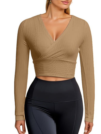 hoombox  Ribbed Solid Deep V Neck Long Sleeve Cross Wrap Crop Tops , Women's Clothings
