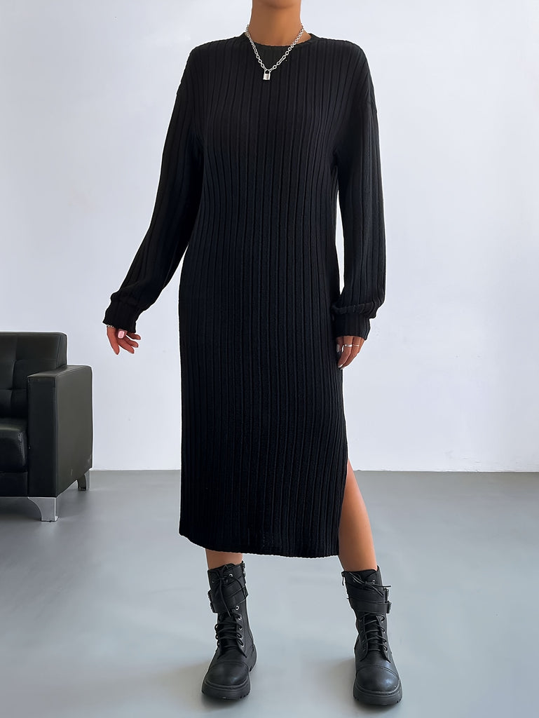 hoombox  Ribbed Crew Neck Dress, Elegant Long Sleeve Split Dress For Fall & Winter, Women's Clothing
