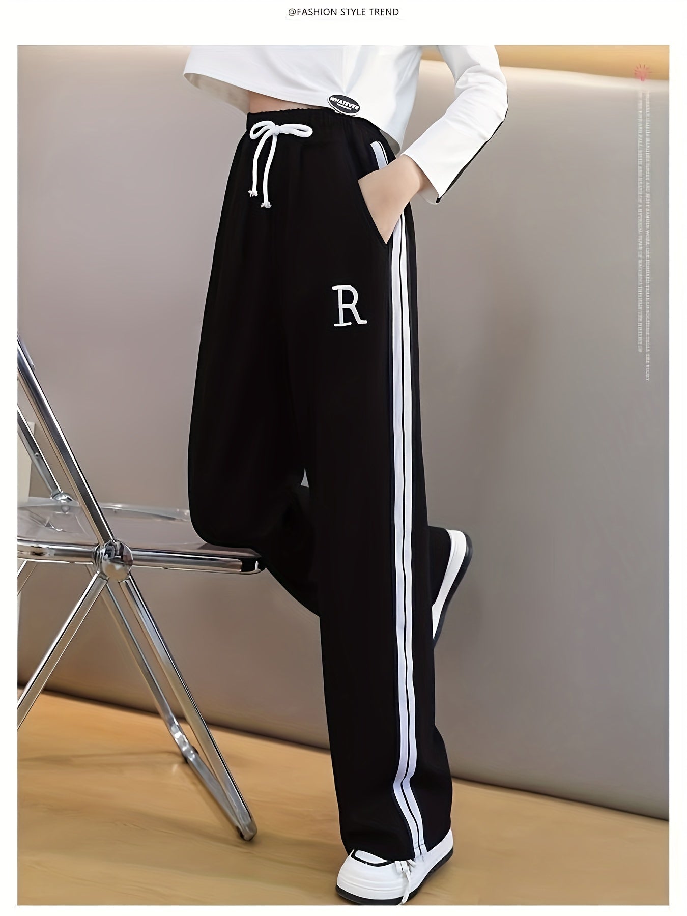 Girls Striped Design Baggy High Waisted Flare Leg Trousers, Comfy Pants For Fall Winter