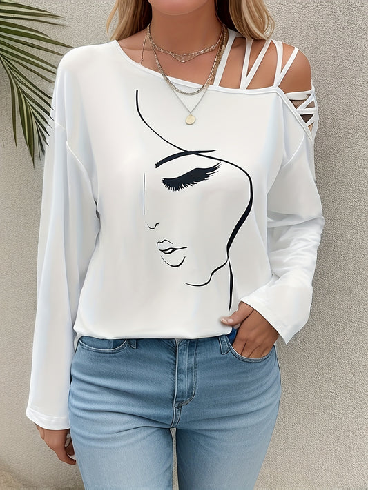 Abstract Print Cross Cold Shoulder T-Shirt, Casual Long Sleeve Top For Spring & Fall, Women's Clothing