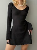 Lettuce Trim Solid Dress, Elegant V Neck Long Sleeve Mini Dress, Women's Clothing