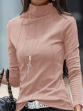hoombox Solid Turtleneck Slim T-Shirt, Versatile Long Sleeve T-Shirt For Spring & Fall, Women's Clothing