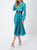 Women's Evening Gown Dress Pleated Long Sleeve Midi Dress With Belt