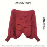 hoombox Knitted Hollow Out Pullover Poncho Solid Color Batwing Loose Shawl Women's Stylish Round Neck Outerwear Smock