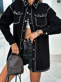hoombox  Black Rivet Decor Denim Jackets, Long Sleeves Street Style Lapel Denim Coats, Women's Denim Clothing