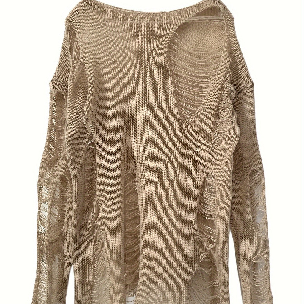 hoombox  Ripped Boat Neck Knit Sweater, Distressed Solid Long Sleeve Sweater, Women's Clothing