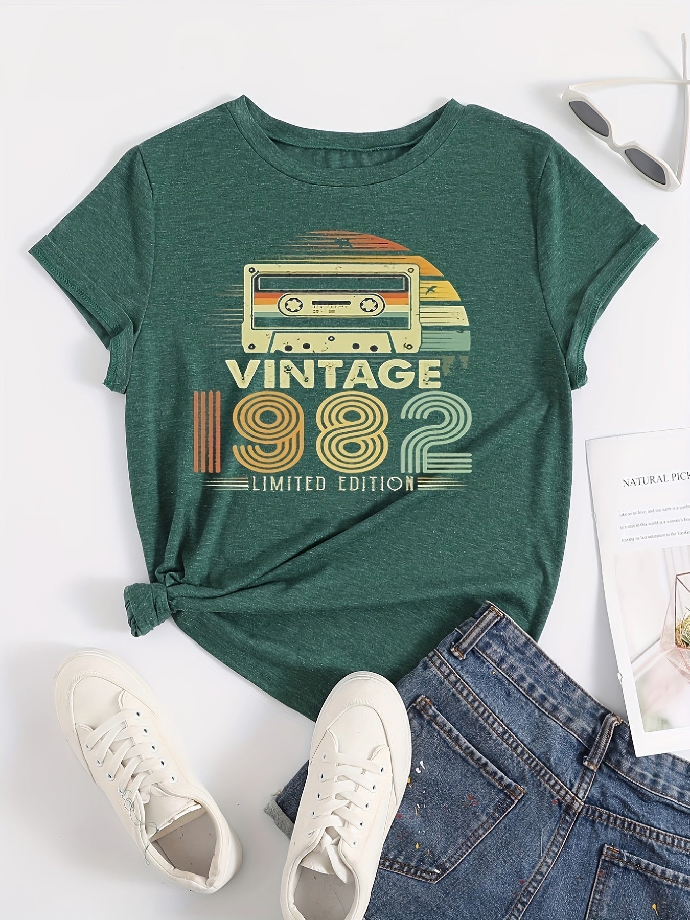 Vintage 1982 Letter Print T-shirt, Casual Crew Neck Short Sleeve T-shirt, Women's Clothing