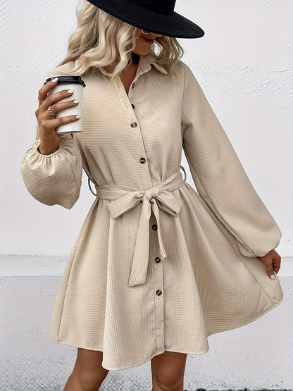 Simple Button Front Shirt Dress, Casual Solid Long Sleeve Dress, Women's Clothing