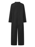 Solid Simple Pockets Jumpsuit, Casual Stand Collar Button Front Long Sleeve Long Length Jumpsuit, Women's Clothing