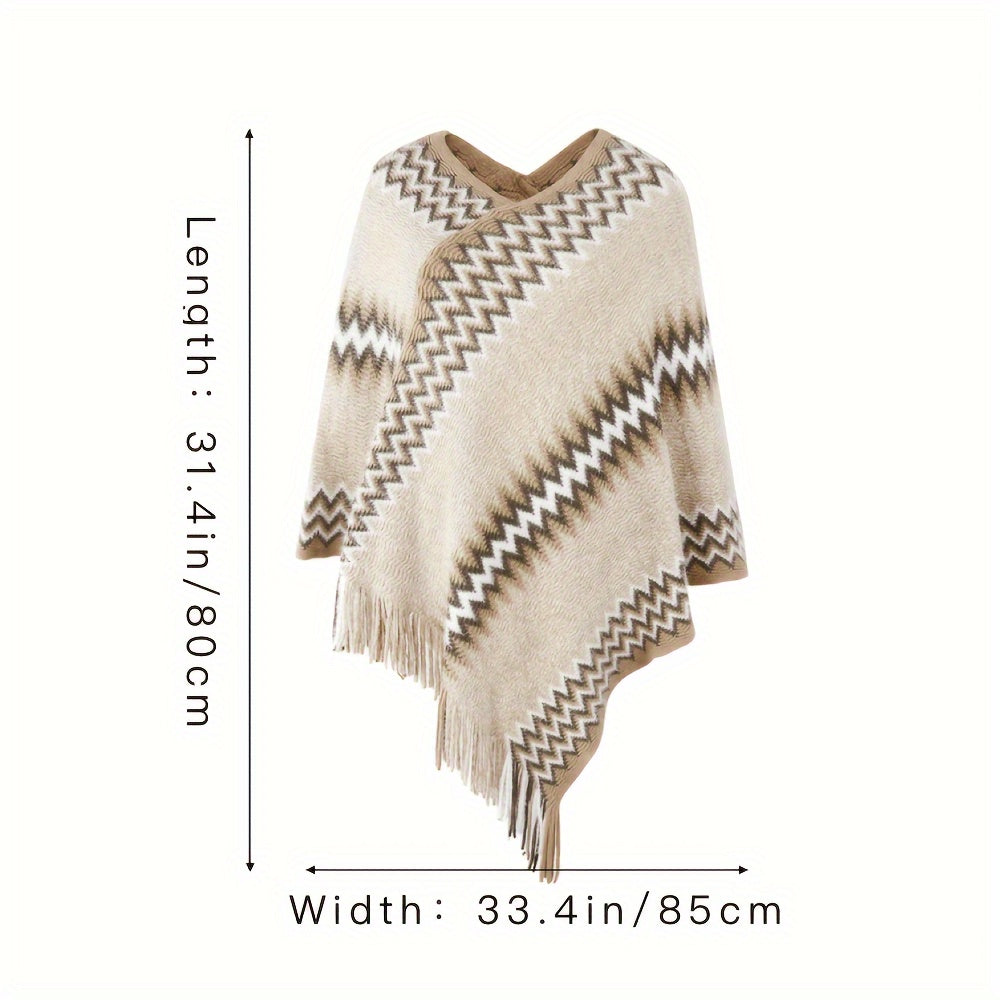 hoombox Boho Wave Stripes Knit Pullover Poncho Imitation Cashmere Thick Soft Warm Tassel Shawl Autumn Winter Travel Windproof Coldproof Cloak