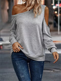 hoombox Cold Shoulder Skew Neck T-Shirt, Casual Long Sleeve T-Shirt For Spring & Fall, Women's Clothing
