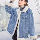 hoombox Fleece Liner Lapel Denim Jacket, Keep Warm Flap Pockets Casual Denim Coat, Women's Denim Clothing