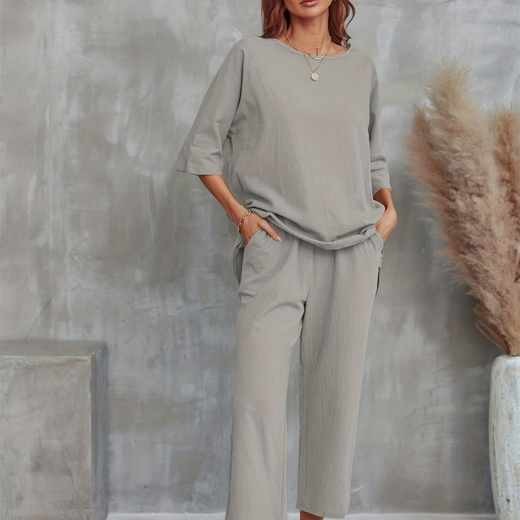 Solid Casual Two-piece Set, Crew Neck Half Sleeve Tee & Wide Leg Pants Outfits, Women's Clothing