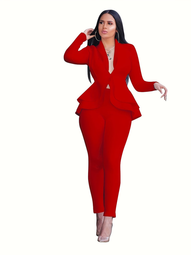 hoombox  Elegant Solid Two-piece Set, Long Sleeve Tiered Peplum Top & Slim Pants Outfits, Women's Clothing