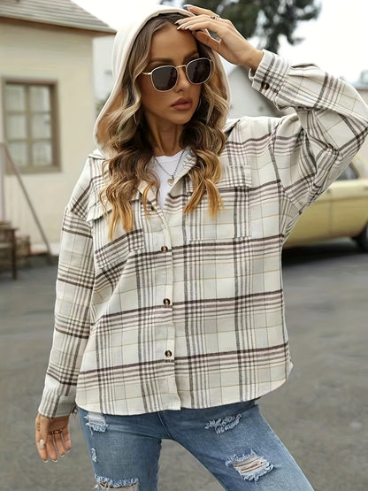 Plaid Flap Pockets Hooded Jacket, Casual Long Sleeve Loose Outwear For Fall & Winter, Women's Clothing