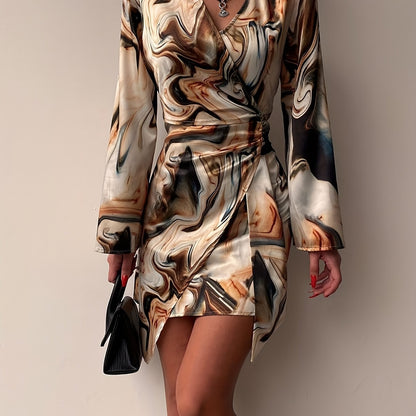 Abstract Print Long Sleeve Wrap Dress, Elegant Surplice Neck Dress For Spring & Summer, Women's Clothing