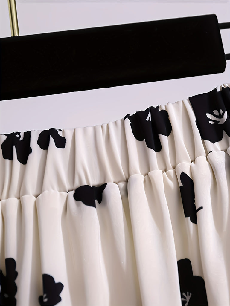 Plus Size Elegant Skirt, Women's Plus Floral Print Elastic High Rise Flowy Maxi Skirt