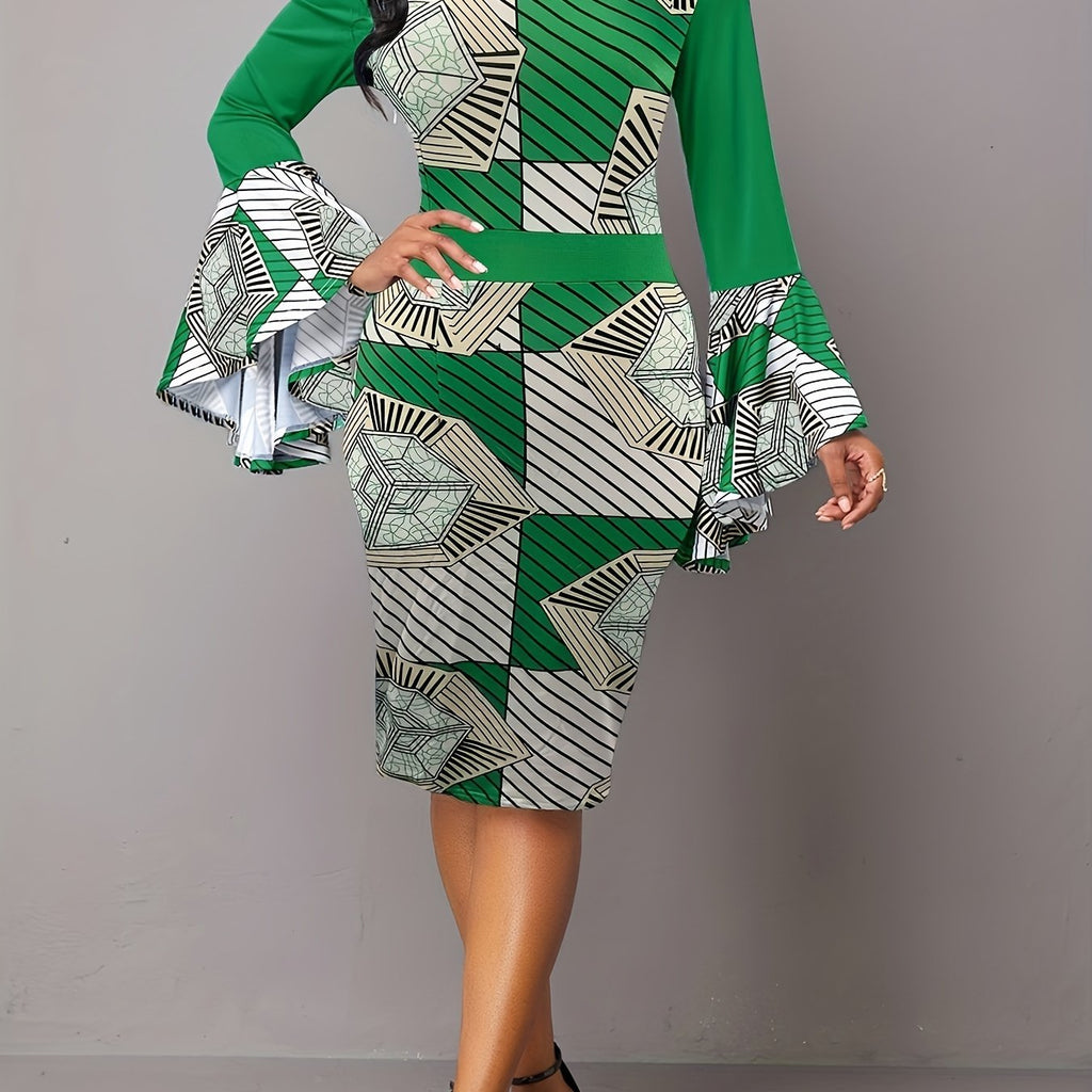 Color Block & Striped Bodycon Dress, Elegant Flared Sleeve Dress, Women's Clothing