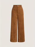 Solid Corduroy Straight Leg Pants, Vintage Patched Pocket Loose Pants, Women's Clothing
