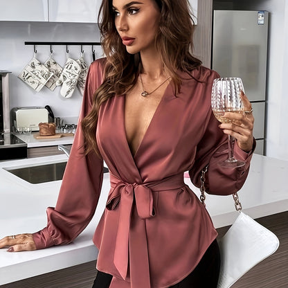 Solid Surplice Neck Belted Blouse, Casual Long Sleeve Blouse For Spring & Fall, Women's Clothing
