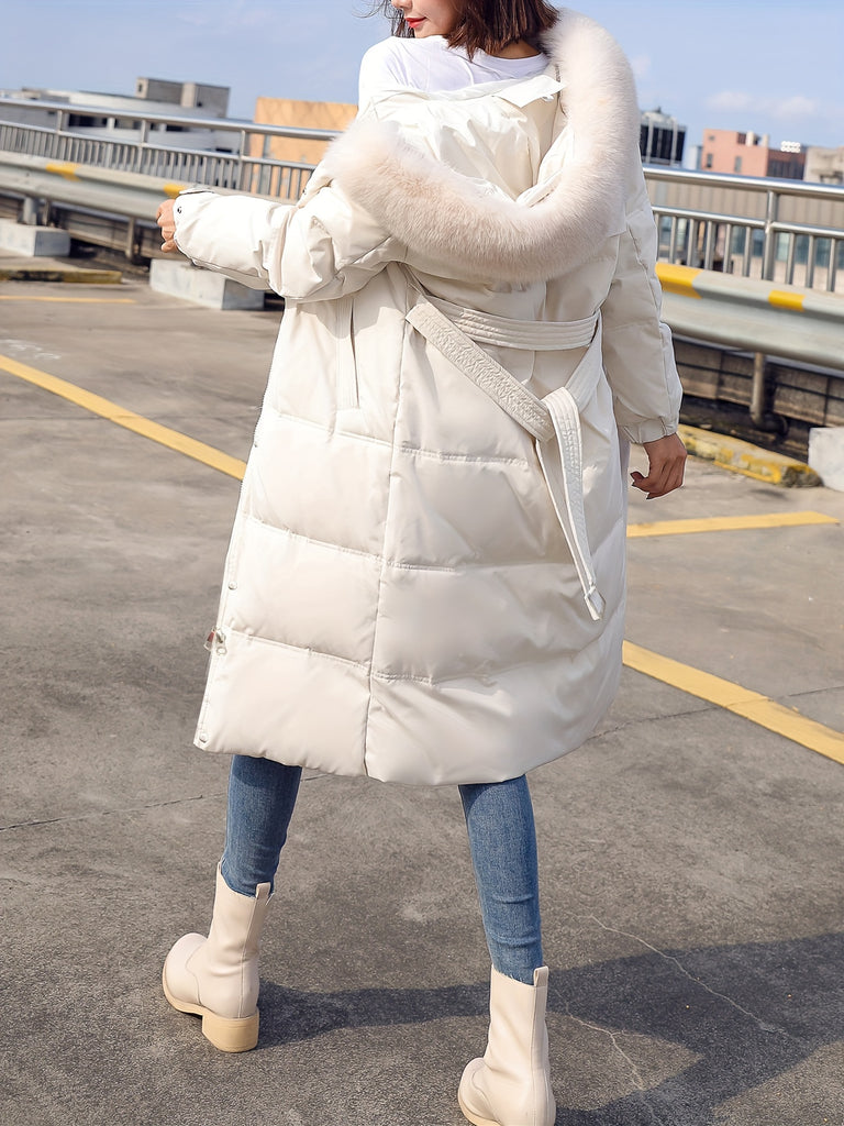 Fluffy Trim Long Length Coat, Casual Solid Long Sleeve Winter Warm Outerwear, Women's Clothing
