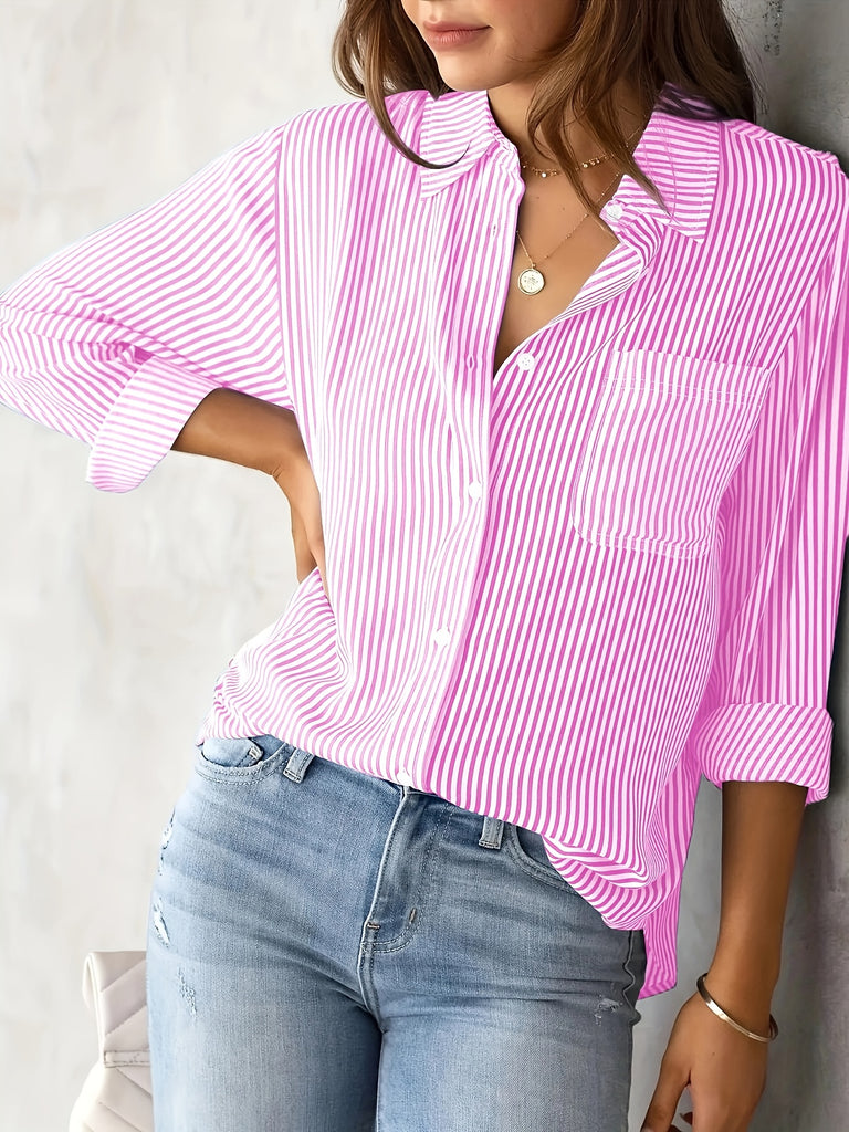 Striped Print Button Front Shirt, Casual Long Sleeve Shirt With Pocket, Women's Clothing