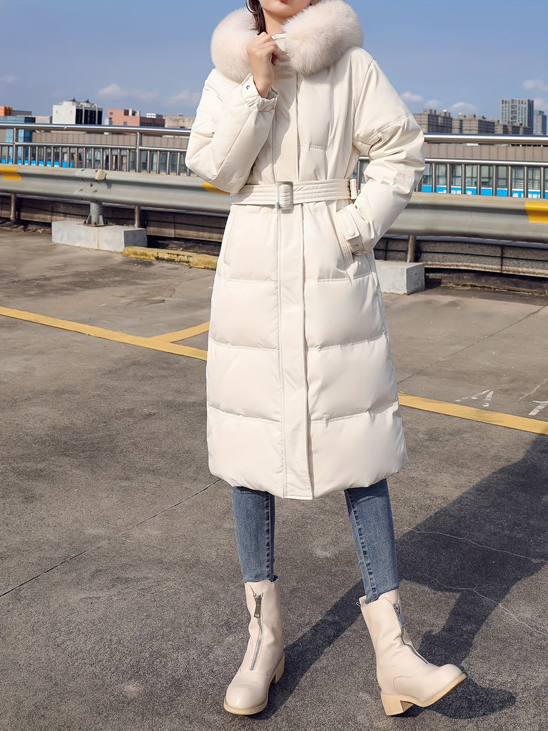 Fluffy Trim Long Length Coat, Casual Solid Long Sleeve Winter Warm Outerwear, Women's Clothing