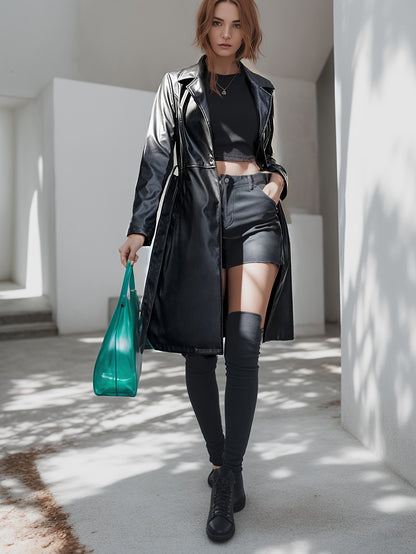 PU Leather Lapel Coat, Casual Long Sleeve Versatile Outerwear, Women's Clothing
