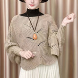 hoombox Knitted Hollow Out Pullover Poncho Solid Color Batwing Loose Shawl Women's Stylish Round Neck Outerwear Smock