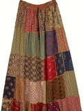 Plus Size Boho Skirt, Women's Plus Patchwork Floral Print Drawstring Waist Maxi Skirt