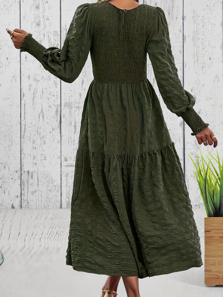 Textured Shirred Dress, Elegant Long Sleeve Tiered Dress, Women's Clothing