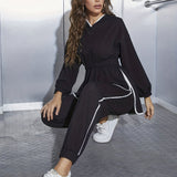 hoombox  Casual Simple Two-piece Set, Long Sleeve Hooded Tops & Long Length Jogger Pants Outfits, Women's Clothing