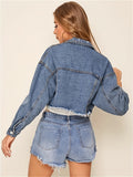 hoombox Blue Raw Hem Denim Jackets, Long Sleeves Flap Pockets Lapel Denim Coats, Women's Denim Clothing