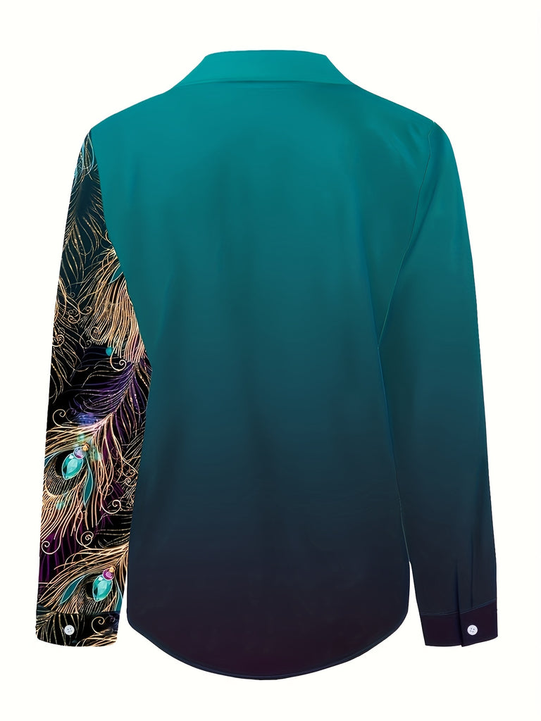 hoombox Peacock Feather Print Shirt, Long Sleeve Button Up Casual Top For Fall & Spring, Women's Clothing