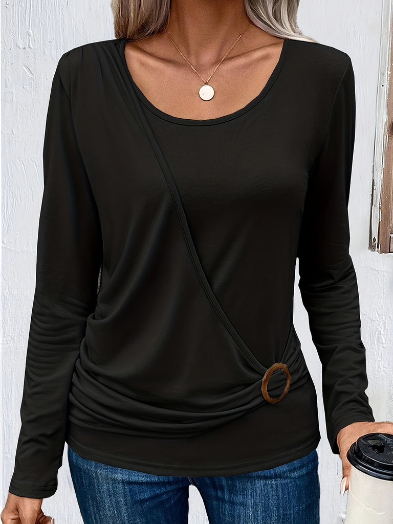 hoombox Solid Ring Detail Ruched Crew Neck T-Shirt, Casual Long Sleeve Top For Spring & Fall, Women's Clothing