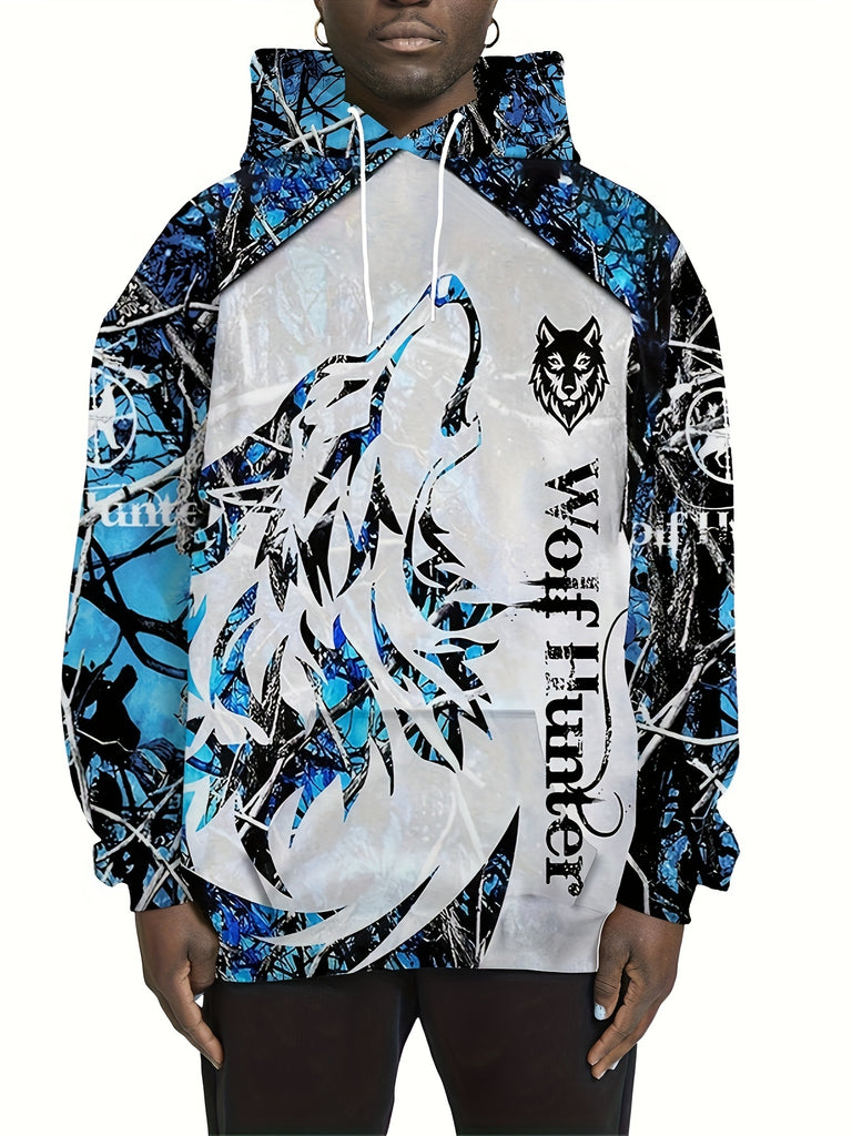 Men's Stylish Loose Wolf Pattern Hoodie With Pockets, Casual Slightly Stretch Breathable Long Sleeve Hooded Sweatshirt For City Walk Street Hanging Outdoor Activities