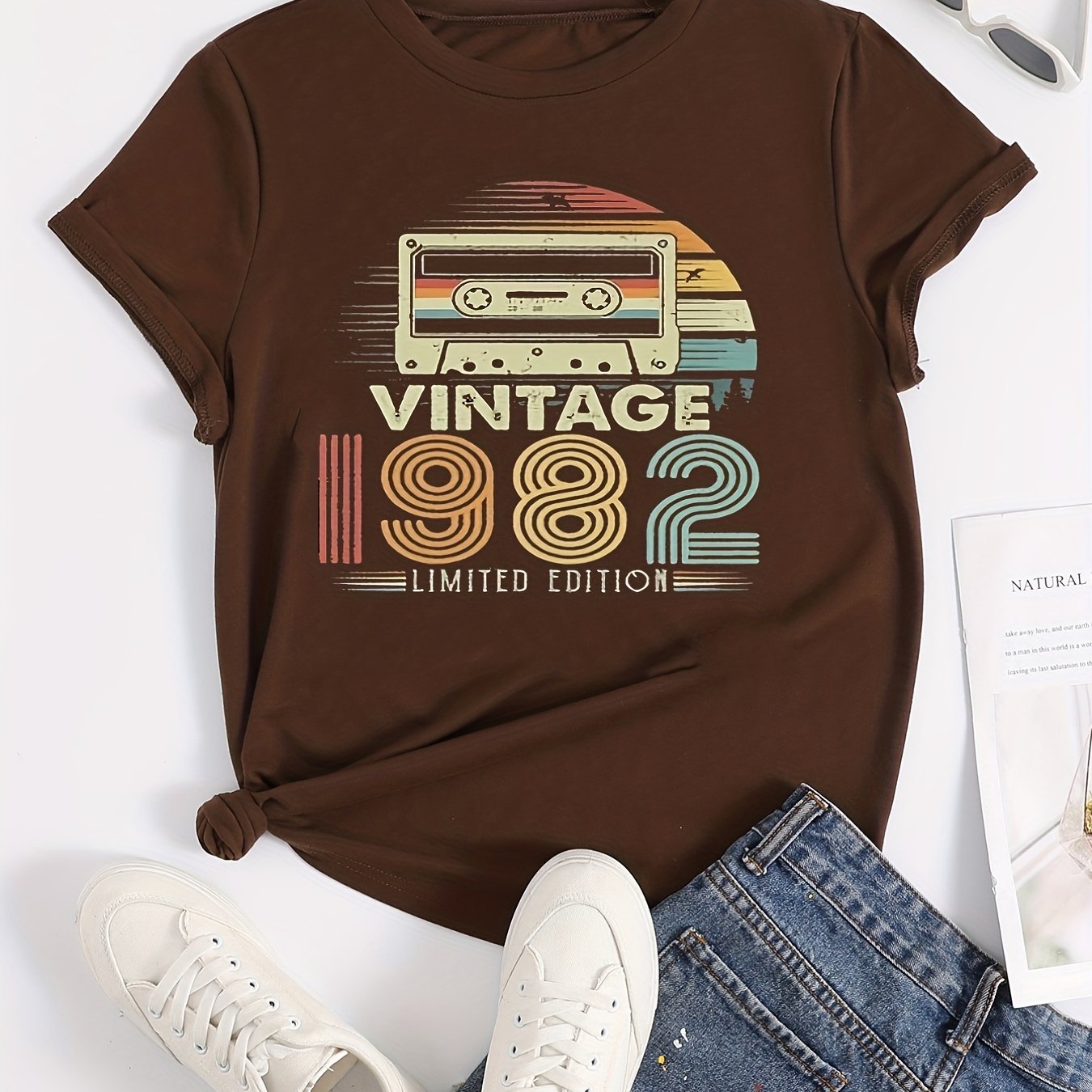 Vintage 1982 Letter Print T-shirt, Casual Crew Neck Short Sleeve T-shirt, Women's Clothing