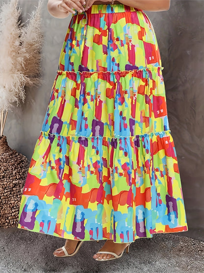 Plus Size Boho Skirt, Women's Plus Pleated Patchwork Print Smock Drawstring Skirt