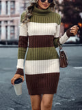 Color Block Striped Sweater Dress, Casual Turtleneck Long Sleeve Dress, Women's Clothing