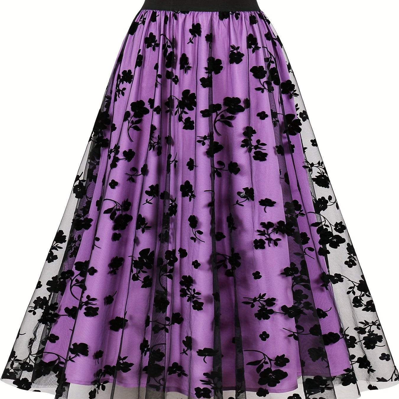 Plus Size Floral Print Mesh High Rise A-line Skirts, Women's Plus Elegant Slight Stretch Loose Fit Maxi Skirts